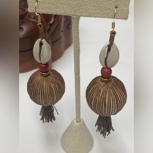 Handmade Hemp, Wood, and Cowrie Shell Earrings